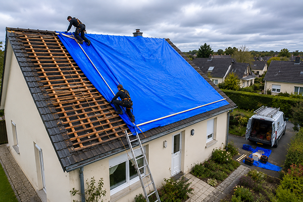 Urgence fuite toiture en Normandie : mise en place d'une bâche de protection provisoire par des couvreurs qualifiés. Une solution rapide pour sécuriser la toiture après une tempête, des tuiles envolées ou un sinistre lié aux intempéries.